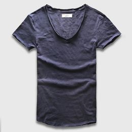 Zecmos profond V encolure dégagée T-Shirt hommes basique top t-shirts hommes décontracté mâle coupe ajustée T-Shirt de luxe ourlet incurvé marine T-Shirt Muscle 240227