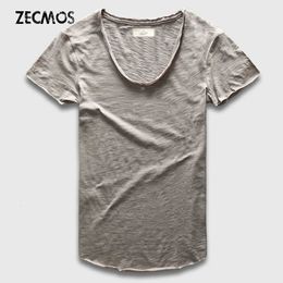 Zecmos mode hommes T-Shirt avec col en V t-shirts pour hommes de luxe coton plaine solide ourlet incurvé top t-shirts à manches courtes 240227