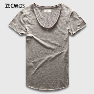 Zecmos mode hommes T-Shirt avec col en V t-shirts pour hommes de luxe coton plaine solide ourlet incurvé top t-shirts à manches courtes 240309
