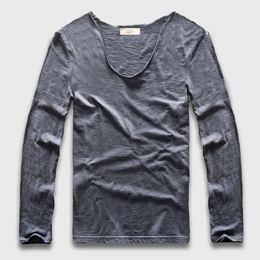 Zecmos manches longues hommes T-Shirt col en V homme T-Shirt coton haut tendance t-shirts coupe ajustée 240320