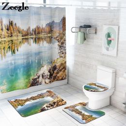 Juego de alfombrilla de baño y cortina de ducha Zeegle, alfombrilla de baño con paisaje, juego de alfombras de baño, cubierta de asiento de inodoro de microfibra, pie