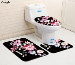Zeegle imprimé fleuri 3 pièces ensemble tapis de bain antidérapant tapis de salle de bain tapis de porte tapis dans les toilettes salle de bain absorbant l'eau tapis de sol 1867689