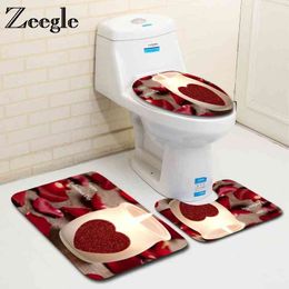 Zeegle romántico San Valentín 3 uds juego de alfombras de baño antideslizantes alfombrillas de baño de franela alfombra de baño cubierta de tapa de inodoro juego de alfombrillas de baño 210401