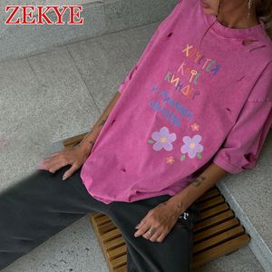 Zekye sueur mignon o cou tshirt floral imprimé été oversize streetwear trou long top t-shirt vintage en détresse femme 240419