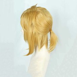 Zelda: Adem van de Wilde Link Short Golden Blonde Pony Tail Hair Cosplay Kostuum Pruik Hittebestendigheid Fiber + Ears Y0913