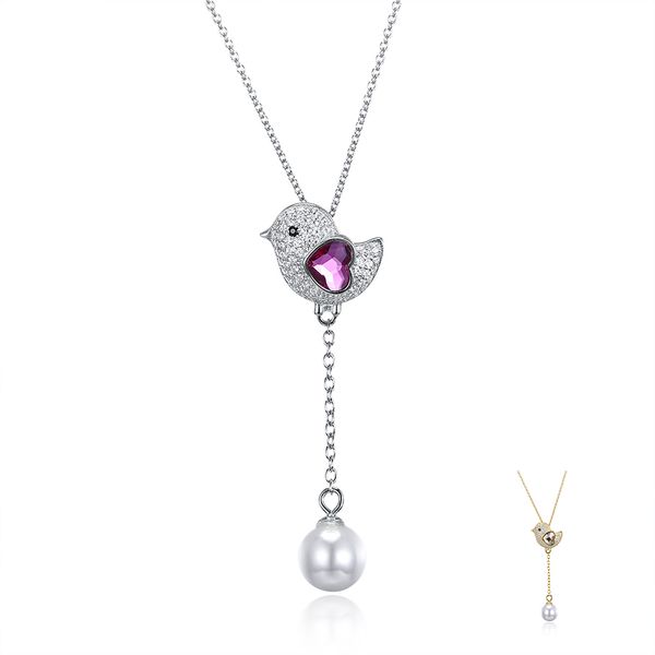 ZEMIOR Mignon Oiseau 925 En Argent Sterling Coeur Autriche Cristal Pendentif Collier Coquillage Perle Double Pendentif Nouveautés Bijoux Q0531