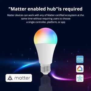 Zemismart Matter WiFi 9W LED BUBBE E27 RGBCW Lampe Dimmable Siri Alexa Google Home SmartThings App Control 120V / 220V Light
