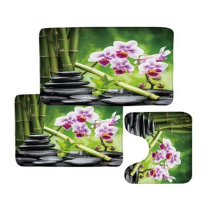 Zen Bath Mat Set Green Bamboo Purple Orchid Flowers Plant Black Stone Spa landschap badkamer decor tapijt vloer vloerkleden u-vorm matten