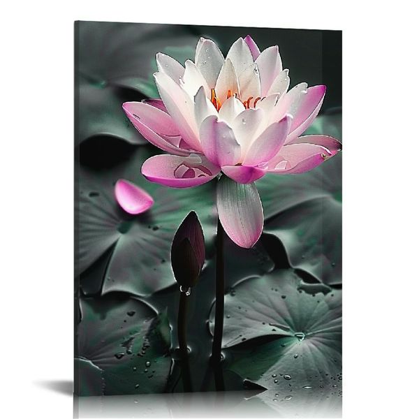 Zen Canvas Wall Art Pink Lotus Flower Painting Black White et Rose Floral Eauter Lily Picture pour décoration murale de salle de bain encadrée (Flower 3)