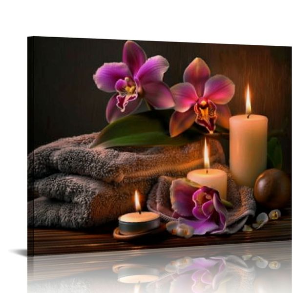 Zen Pictures Wall Art 3 panneaux Purple Orchid Lavender Candle et Baignier Toile Toile Impressions de méditation zen pour le yoga Spa Decor (Zen-2 3P)