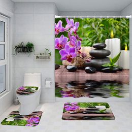 Cortina de ducha zen Juego de orquídeas moradas Piedra negra verde bambúes de bambú Decoración de baño Decoración de baño de alfombra sin deslizamiento