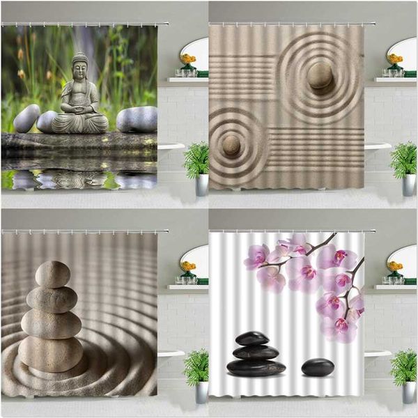 Zen Stone Buda Flores Paisaje Cortinas de ducha Creatividad Arte Baño Cortina de baño con ganchos Tela impermeable Bañera Decoración 211116