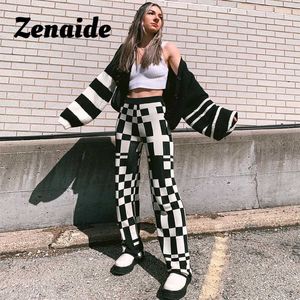 Zenaide Knit Plaid Pantalon Noir et Blanc Streetwear Vintage Y2K Mode Tricot Taille Haute À Carreaux Pantalon Large Femme X0629