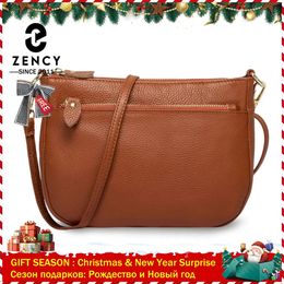 Zency Mode Dames Crossbody Tas 100% Echt Leer Bruin Handtas Kleine Flap Bags Eenvoudige Dame Schoudertas Messenger Portemonnee 240104