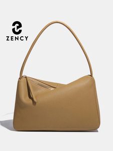 Bolso Zency Retro elegante de cuero genuino con asa superior para mujer, bolso de hombro sencillo, bolso para mujer con cremallera superior en color Beige y marrón 240104