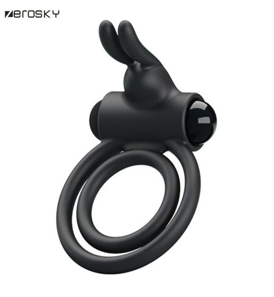 Zerosky Double verrouillage mâle vibrant anneau de pénis délai de coq anneau masturbation masculine lapin oreille vibrateur Sex Toys pour hommes Y18928042407309