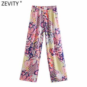 Zevity 2021 Mujeres Vintage Color Partido Impresión floral Casual Pantalones de pierna ancha Retro Femenino Chic Bolsillos Verano Pantalones largos P1144 Q0801