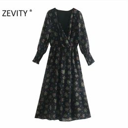 Zevity Automne Femmes Mode V Cou Floral Imprimer Bureau En Mousseline De Soie Midi Robe Nouvelles Dames Chic À Manches Longues Marque Parti Robe DS4540 210409