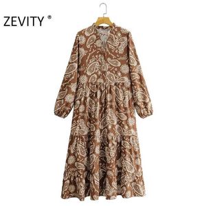 Zevity otoño mujer Vintage anacardo estampado Floral Midi camisa Vestido señoras Chic arco manga larga Casual plisado volantes Vestido DS4549 210603