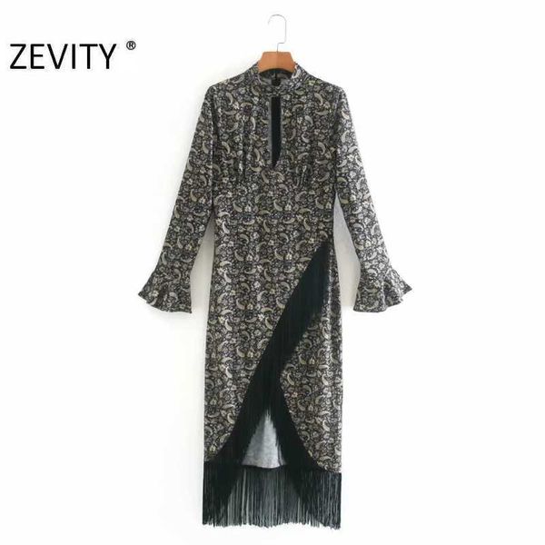 Zevity Automne Femmes Vintage Noix De Cajou Imprimer Hem Gland Robe Asymétrique Dames Chic Sexy Trou Slim Party Robe DS4546 210603