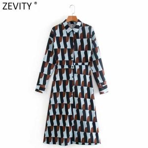 Zevenity Herfst Dames Vintage Contrast Kleur Geometrische Print Boog Gebonden Sjerpen Midi Jurk Dames Chique Lange Mouwen Vestido DS4768 210603