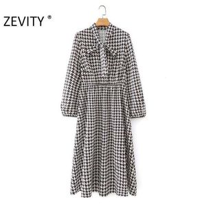Zevenity herfst vrouwen vintage Houndstooth geruite print shirt jurk dames chique boog kleding lange mouw zakelijke vestido DS4547 210603
