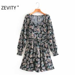 Zevity automne femmes Vintage col en V cajou fleur imprimer taille Mini robe dames Chic à manches longues décontracté fête Vestido DS4555 210603