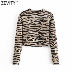 ZEVITY Euro Mujeres High Street Tiger Rayas Imprimir Blusa de punto corta Femme Chic Basic O Neck Shirt Slim Blusas Tops LS9057 210603