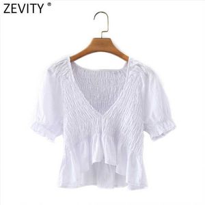 Zevity Style français Femmes V Cou Élastique Ourlet Volants Court Smock Blouse Femme Manches Bouffantes Chemise Blanche Chic Blusas Tops LS9156 210603