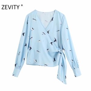 ZEVITY nouvelles femmes mode oiseaux imprimer blouse blouse décontractée automne dames croix v cou noeud papillon chemise chic kimono blusas tops LS7102 201201