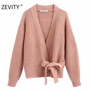 ZEVITY nouvelles femmes mode croix v cou couleur unie décontracté tricot cardigan manteau femme arc noué kimono manteaux chic tops CT581 210419