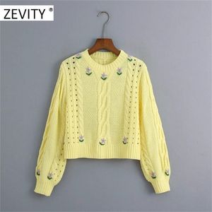 Zevity Women Fashion Floral broderie Twist Crochet Cropped Knitted Sweater Lady Hollow Out Casual Pullovers Chic Tops S343 201222