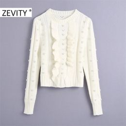 Zevity Femmes O Cou Agaric Dentelle Perles Perles Pull À Tricoter Femme Chic Manches Bouffantes Évider Volants Pull Tops S446 201221