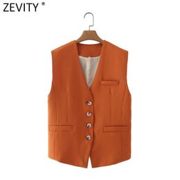 Zevity Nouvelles Femmes Simplement Sans Manches Simple Poitrine Orange Gilet Veste Bureau Dame Mince Costume Gilet Poches Outwear Tops CT682 210419