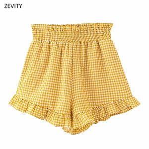 ZEVITY NIEUWE Women Vintage Agaric Lace Ruffles Plaid Print Shorts Ladies Chique Elastische taille Hot Shorts Pantalone Cortos 210306