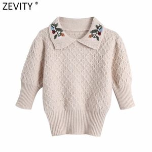 ZEVITY NIEUWE Women Vintage Embroidery Turn Down Collar Collar Casual Short Knitting Sweater Ladies Puff Sleeve Chique Pulovers Tops S519 210203