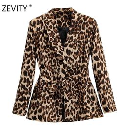 Zevity Nouvelles femmes vintage imprimé léopard blazer col cranté dames de bureau ceintures causales élégantes vêtements d'extérieur costume manteau tops C539 201114