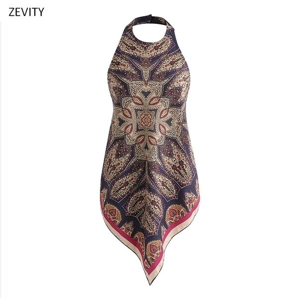 Zevity New Women vintage totem fleur imprimer suspende camis débardeurs vêtements d'été femme sexy dos nu arc attaché sling tops LS6785 210308