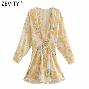 Zevity nuevas mujeres Vintage cuello en V estampado Floral vendaje Kimono Mini Vestido femenino elegante manga larga cremallera lateral Casual Vestido DS8297 210419
