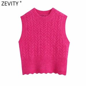 Zevenity lente vrouwen mode effen haak casual slanke breien trui vrouwelijke chique o hals mouwloze vest truien tops S612 210914