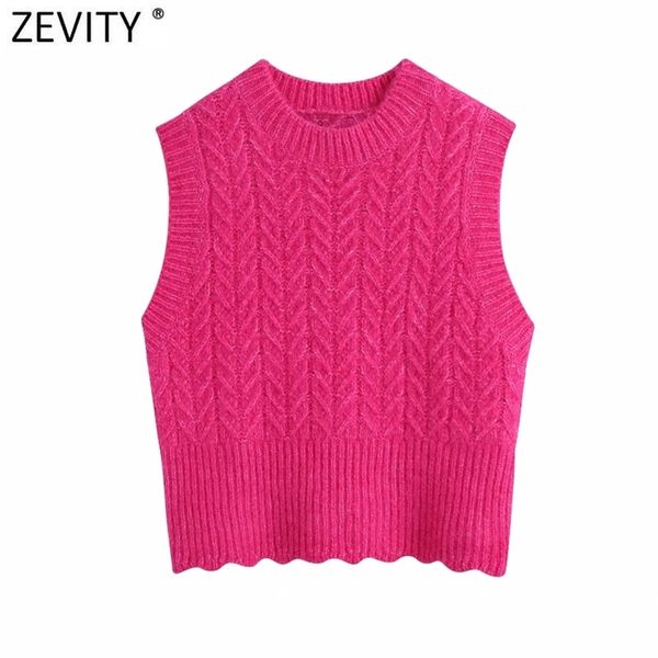 Zevity Spring Mujeres Moda Sólido Crochet Casual Slim Knitting Suéter Femenino Chic O Cuello Sin mangas Chaleco Jerseys Tops S612 210805
