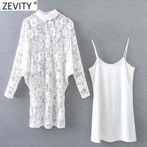 Zevity Summer Women Sexy Hollow Out Lace Crochet Shirtdress Mujer Batwing Manga Vestidos Chic Interior Sling Vestidos DS8100 210603