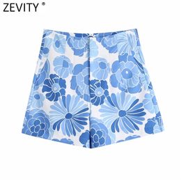 Zevity femmes bleu imprimé fleuri pli conception Bermuda Shorts femme Chic fermeture éclair mouche décontracté mince pantalon Cortos P1103 210719