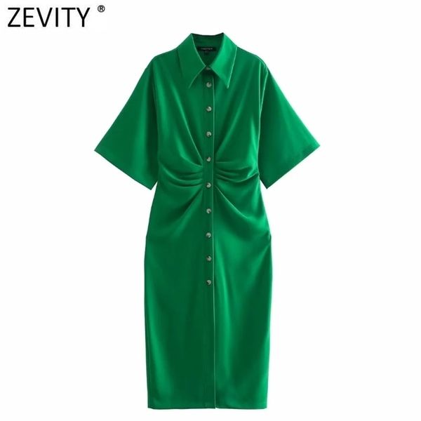 Zevity mujeres elegante moda botón drapeado midi camisa vestido vintage manga corta cremallera lateral vestidos femeninos vestidos DS8602 220527