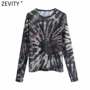 Zevity Mujeres Chic Tie Dye Impresión Transparente Malla Camiseta Damas Manga Larga Tinta Pintura Casual Slim Ocio Tops LS7392 210603