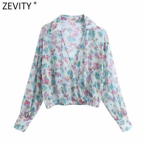 Zevenity Women Cross V-hals Floral Print Chiffon Korte Smock Blouse Vrouwelijke Lange Mouw Kimono Shirts Chique Crop Blusas Tops LS9250 210603