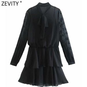 Zeefity Dames Elegante Kant Mouw Patchwork Cascading Ruche Zwarte Mini Dress Chic Vrouwelijke Boog Gebonden Casual Vestido DS4972 210603