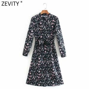 Zevity femmes élégant col montant imprimé fleuri nœud ceintures chemise robe Femme à manches longues boutonnage décontracté Vestido tissu DS4699 210603