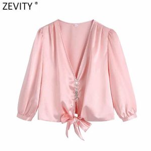 Zeefity Vrouwen Elegante V-hals Hem Bowknot Casual Short Shirt Vrouwelijke plooien Puff Sleeve Kimono Blouse Roupas Chic Satin Tops LS9214 210603