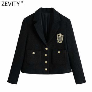 Zevity Femmes Angleterre Style Badge Patch Bouton de laine Blazer Manteau Vintage Poches à manches longues Femme Vêtements de dessus Chic Tops CT663 210603